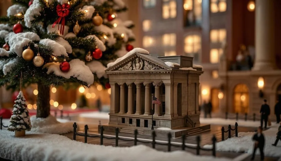 Modellino in scala di un edificio simile alla Borsa di Wall Street, circondato da decorazioni natalizie e un albero di Natale addobbato con palline rosse e dorate, ambientato in un contesto urbano con luci calde sullo sfondo. Perfetto per rappresentare il Natale in ambito finanziario o tematiche economiche legate alle festività.