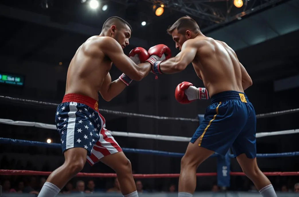 Due pugili si affrontano sul ring, uno porta i pantaloncini con i colori dell'Unione europea, l'altro degli Stati Uniti
