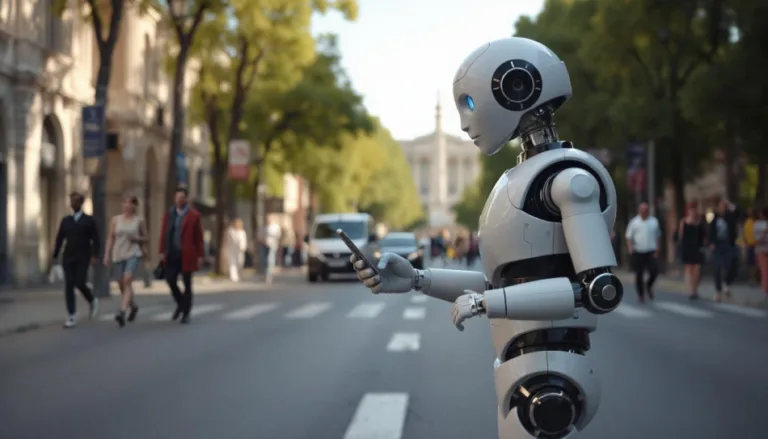 Un robot umanoide in piedi, visto di lato, guarda lo smartphone che tiene nella sua mano destra. Sullo sfondo una strada di una città con numerose persone che vi camminano. - By Fotor AI