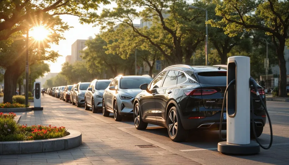 Auto elettriche in carica presso una stazione di ricarica su una strada urbana alberata, con luce solare al tramonto e una fila di veicoli moderni in primo piano.