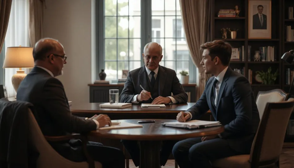 Consulente finanziario maturo in riunione con due clienti, un uomo anziano e un giovane, in un elegante ufficio con libreria e finestre luminose.