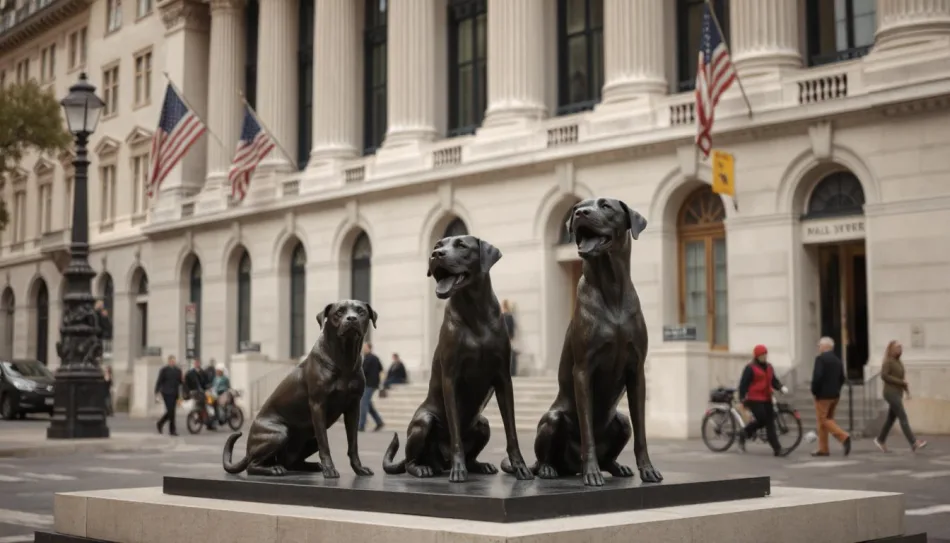 Una statua di pietra lavica nera davanti alla Borsa di Wall Street, raffigura tre cani. L'immagine è stata ottenuta utilizzando l'intelligenza artificiale