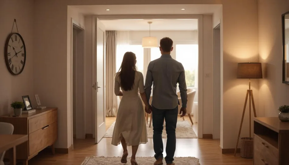 Una coppia di giovani, un uomo e una donna, visti di spalle, camminano all'interno di un appartamento nuovo e ben arredato, con luci soffuse e una finestra sullo sfondo