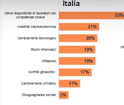 Il grafico, a barre orizzontali, mostra le principali minacce percepite dagli amministratori delegati delle aziende italiane: in prima posizione, con il 35% delle risposte, è la difficoltà di trovare lavoratori con competenze adeguate