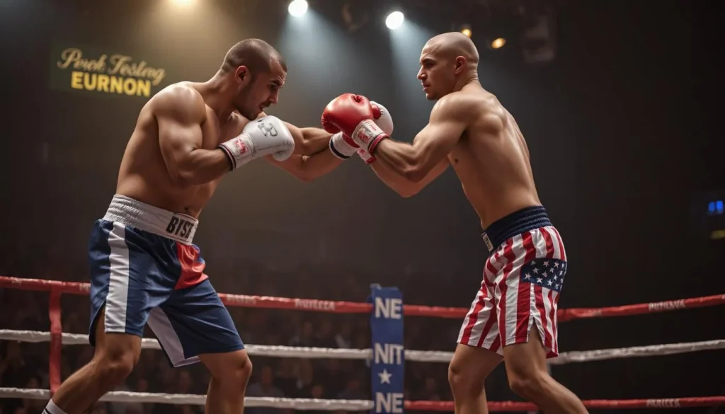 Su un ring si affrontano due pugili. Quello a sinistra indossa pantaloncini blu, quello a destra pantaloncini stars & stripes