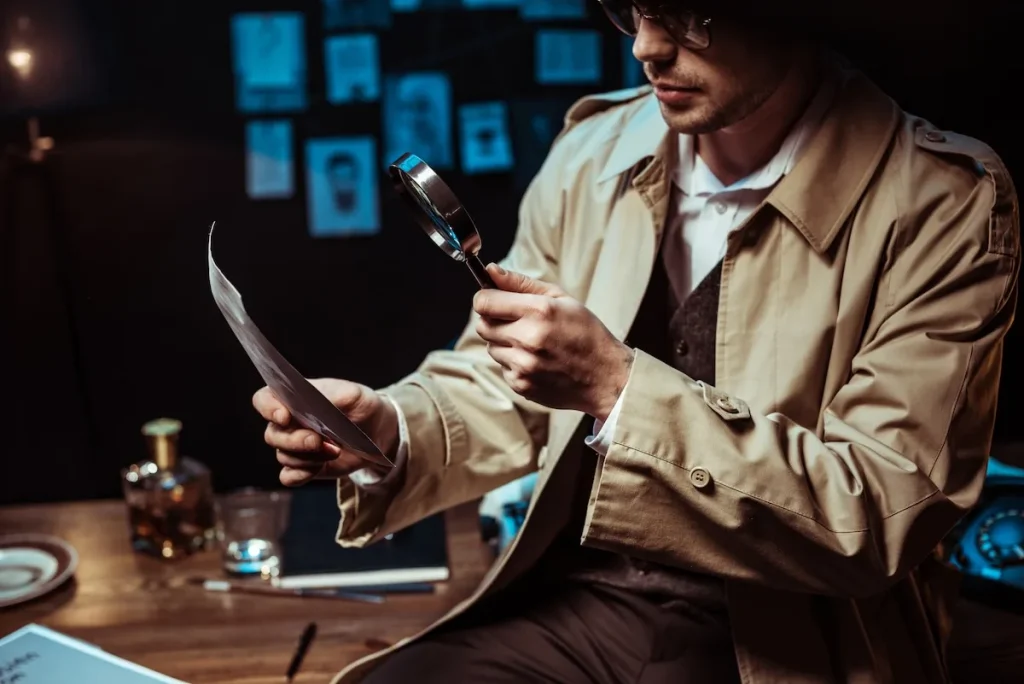 uomo controlla dati conto corrente con lente di ingrandimento