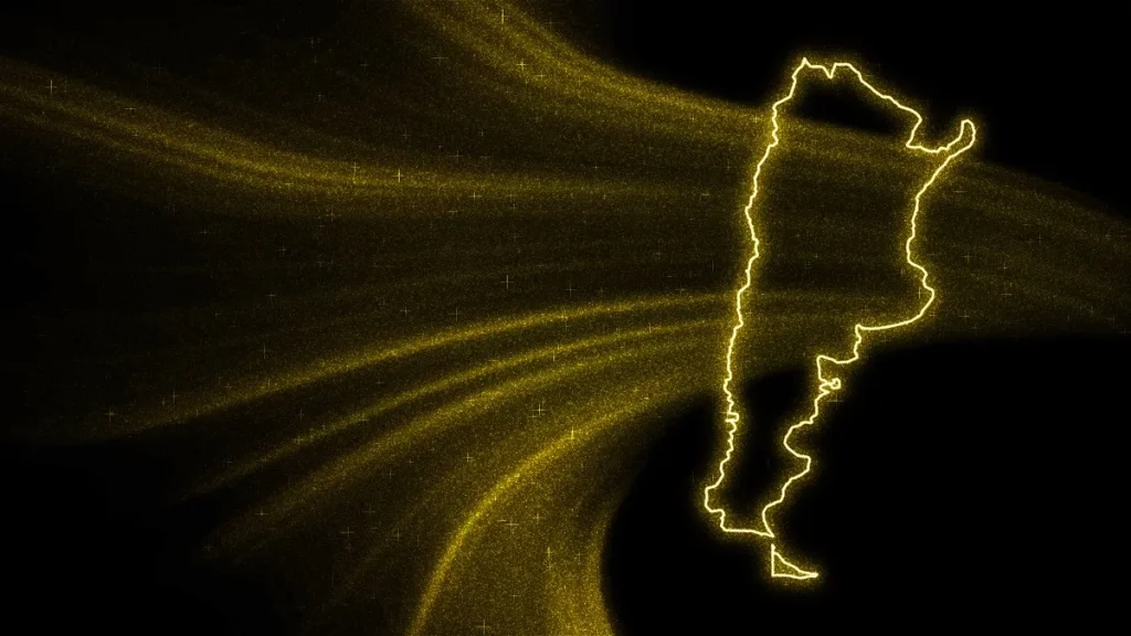 Una mappa dell'Argentina glitter oro su sfondo scuro