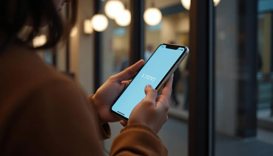 Donna che utilizza un'app di pagamento X Money digitale su smartphone in un ambiente moderno.
