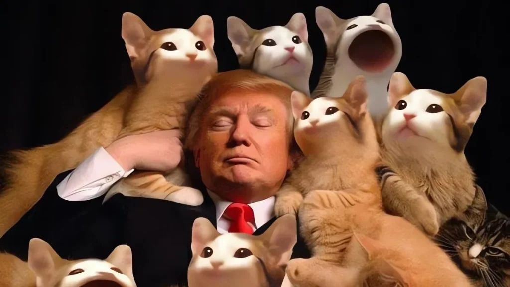 Un meme di Popcat con Donald Trump e i gatti