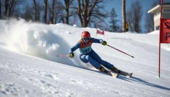 Sciatrice in gara di slalom gigante su pista innevata, curva ad alta velocità con neve sollevata, bandiere rosse e paesaggio invernale sullo sfondo.