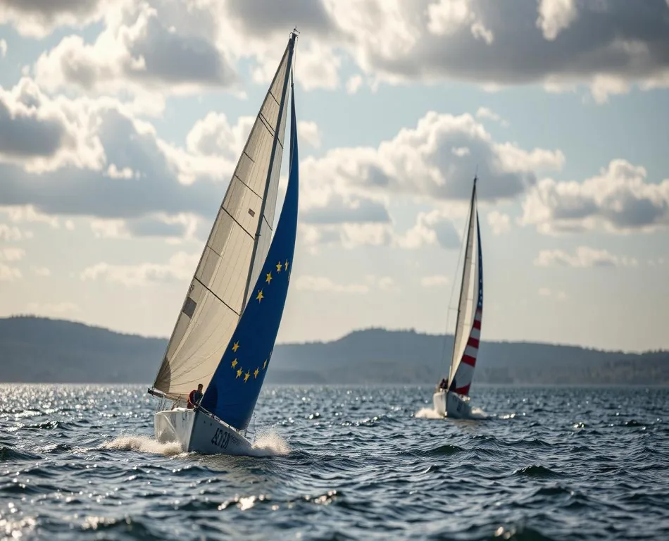 L'immagine, generata dall'IA, mostra una competizione tra un'imbarcazione con la vela che porta i colori dell'Europa e una con i colori degli Stati Uniti. Su un mare poco mosso, l'imbarcazione europea precede quella degli USA. Sullo sfondo si intravvedono delle alture.