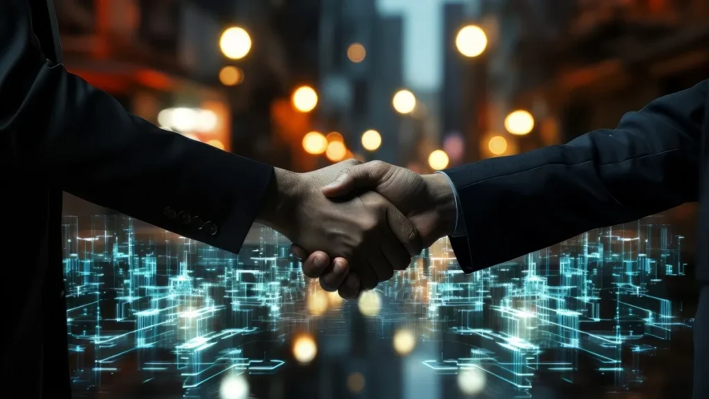 Una scena d'affari futuristica con due persone che si stringono la mano