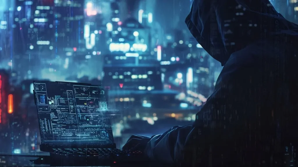 Un hacker del futuro lavora al computer