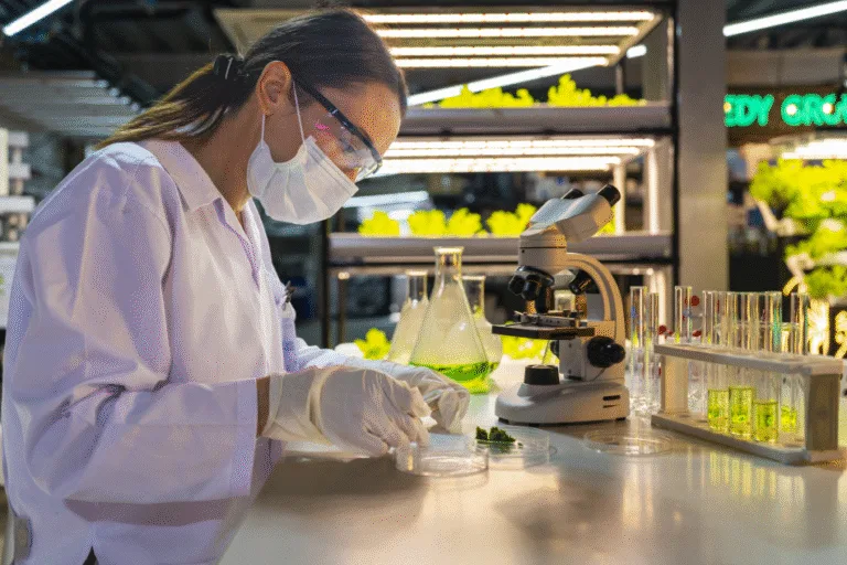 Scienziata in laboratorio biotech analizza campione vegetale con microscopio