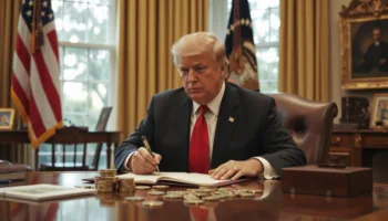 Un uomo con tratti somiglianti a Donald Trump è seduto alla scrivania nell'Ufficio Ovale, con una penna in mano e un documento davanti. Sul tavolo sono presenti diverse monete dorate, che sembrano rappresentare Bitcoin. L'ambientazione richiama il potere politico e le connessioni con le criptovalute. L'immagine è stata generata con l'intelligenza artficiale