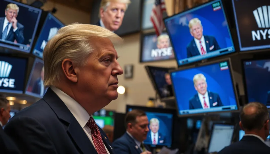 Il presidente USA Donald Trump all'interno della Borsa di New York (NYSE), circondato da schermi che trasmettono la sua immagine.