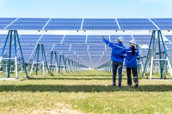 Due ingegneri con caschi e divise blu ispezionano un impianto fotovoltaico con pannelli solari allineati su un ampio terreno verde.