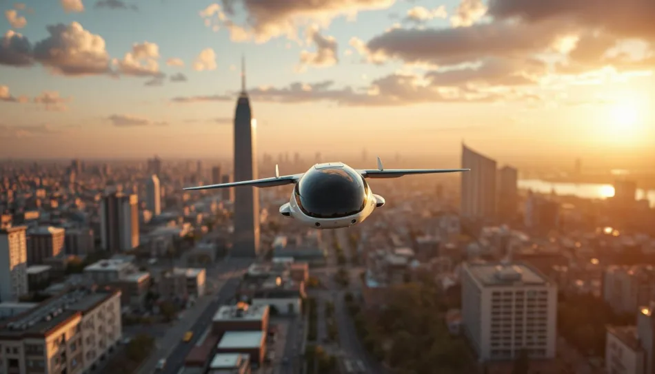 Sullo sfondo di una città al tramonto, vola un veicolo con ali, di piccole dimensioni, a significare la mobilità futura