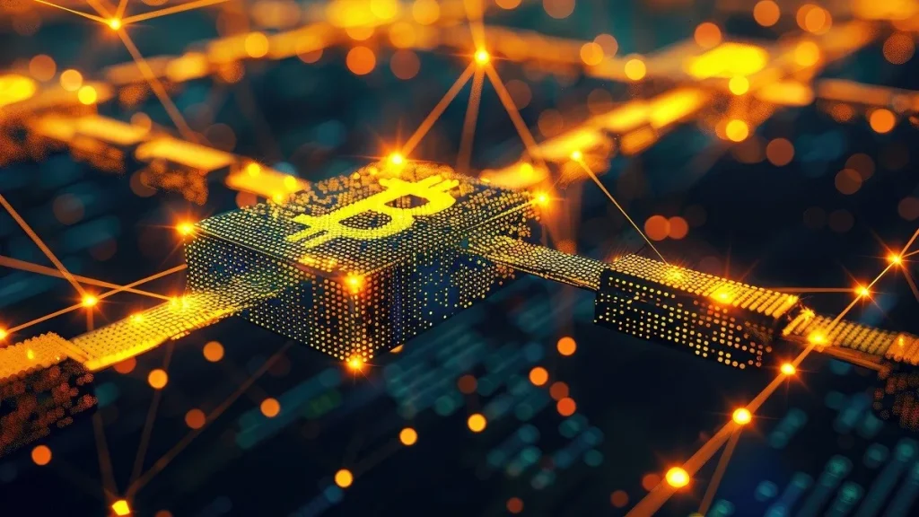 Un rendering 3D della tecnologia blockchain di Bitcoin