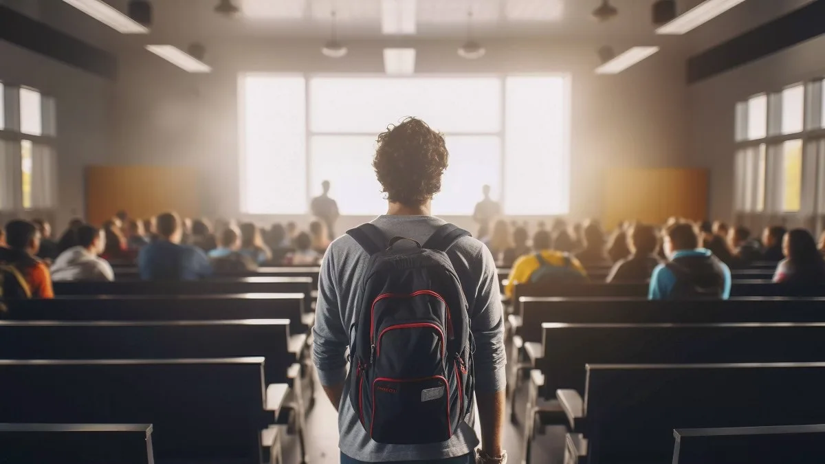 Uno studente entra in aula a lezione all'università