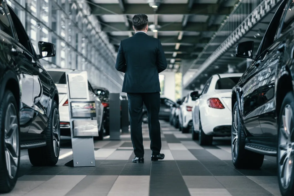 Uomo in abito elegante cammina in una concessionaria tra auto di lusso