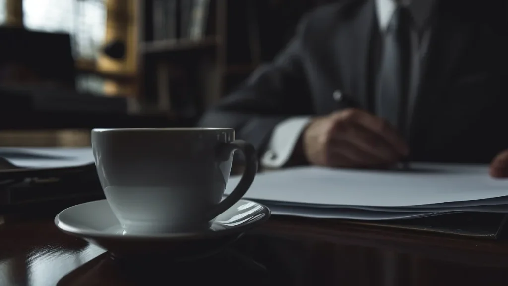 Un imprenditore firma documenti con una tazza di caff&egrave; in primo piano