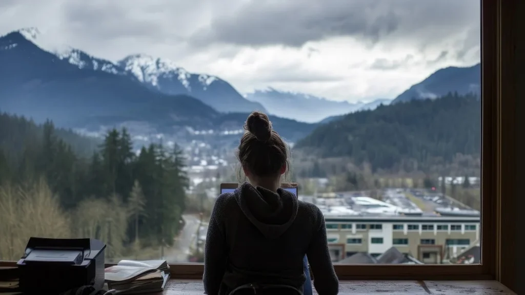 Una lavoratrice frontaliera nel suo ufficio in Svizzera