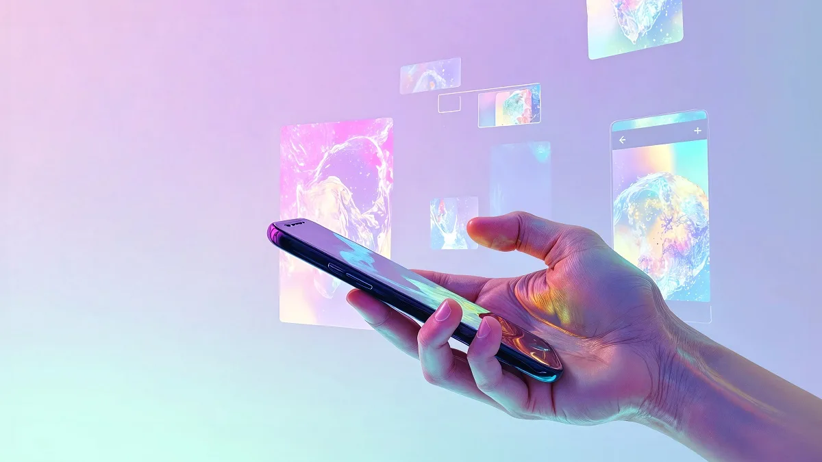 Una persona tiene in mano uno smartphone con social e applicazioni AI