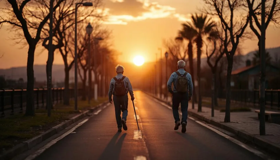 Pensionati al tramonto lungo una strada alberata e vuota
