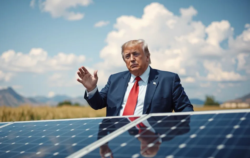 Il presidente degli Stati Uniti, Donald Trump, in piedi dietro un pannello solare, sullo sfondo di un ambiente desertico, saluta. La sua immagine si riflette nel pannello solare