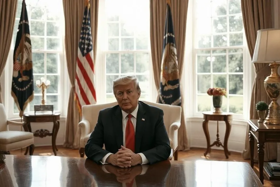 Donald Trump in abito formale seduto alla scrivania nello Studio Ovale della Casa Bianca, con bandiere e arredi istituzionali sullo sfondo.