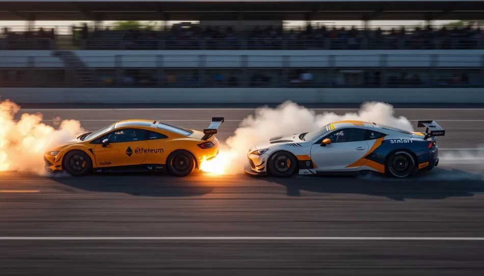 Due automobili sportive si affrontano su un circuito, una dietro l'altra, molto vicine. La prima sprigiona delle fiamme ed ha i colori di Ethereum. La seconda, quelli di Solana