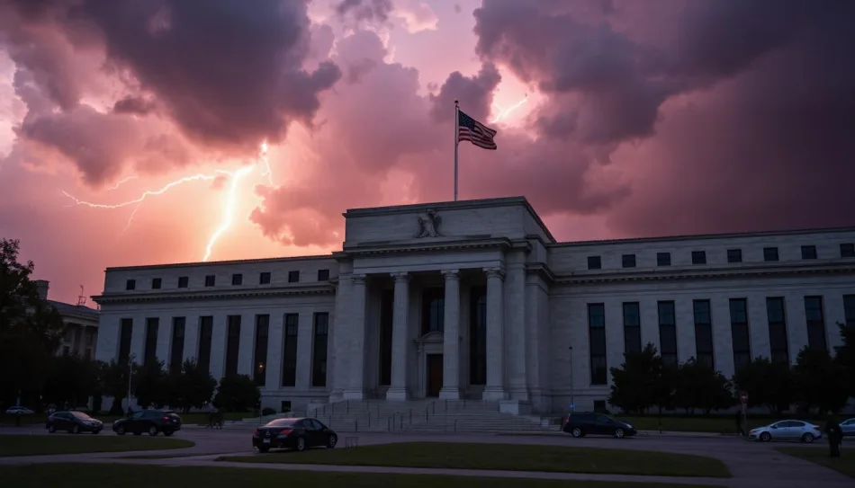Edificio della Federal Reserve con bandiera americana sotto un cielo tempestoso e fulmini, simbolo di incertezza economica. - Fotor AI