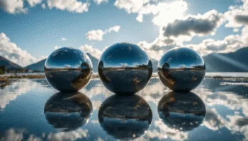 Tre sfere riflettenti su superficie lucida con riflesso di paesaggio naturale, cielo nuvoloso e montagne.
