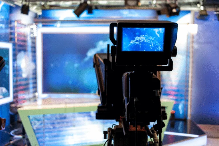 Telecamera professionale in uno studio televisivo con schermo digitale sullo sfondo