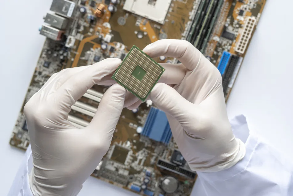 L'immagine mostra le mani di un tecnico di un laboratorio, con guanti bianchi, che tengono in mano un chip di computer, pronte a innestarlo in una scheda