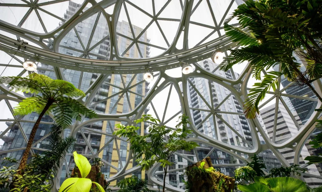 La sfera, nella sede di Amazon, una sfera di vetro al cui interno cresce un giardino rigoglioso