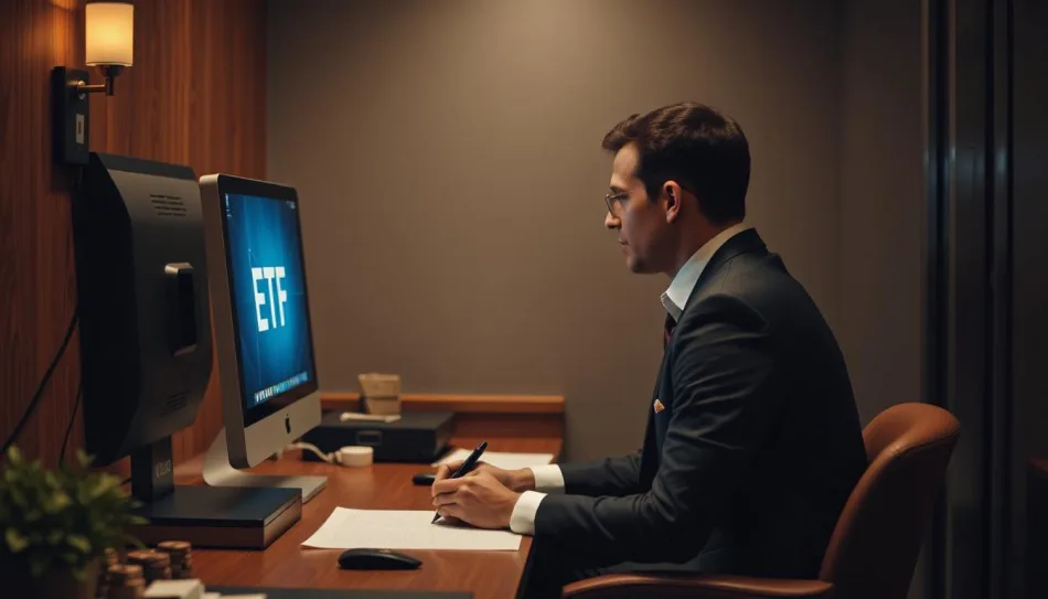 Un investitore seduto davanti a uno schermo su una scrivania. Sullo schermo del pc c'è la parola ETF. L'immagine stata generata con l'IA di Fotor