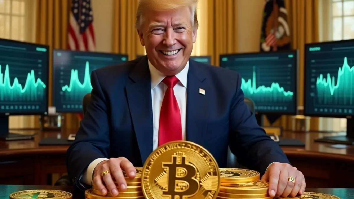 Il presidente degli Stati Uniti Donald Trump seduto alla scrivania con davanti una moneta bitcoin gigante