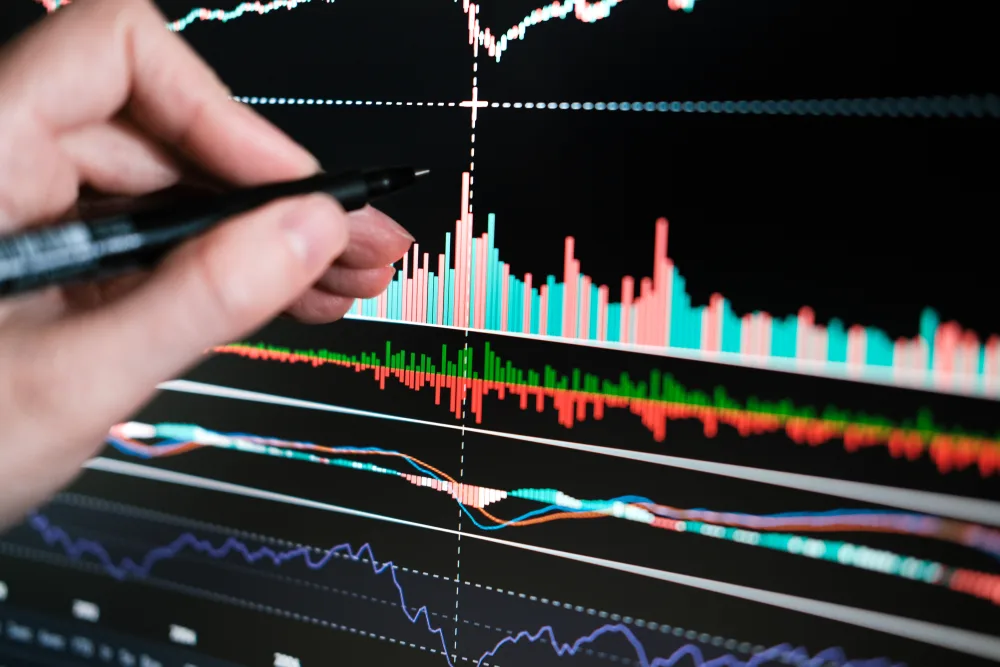Grafico andamento attività finanziaria sullo schermo di un computer. Una mano, dalla destra, con una penna, indica un punto dello schermo