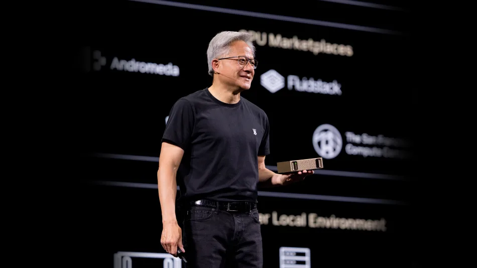 L'amministratore delegato di Nvidia, Jensen Huang, sul palco durante una presentazione