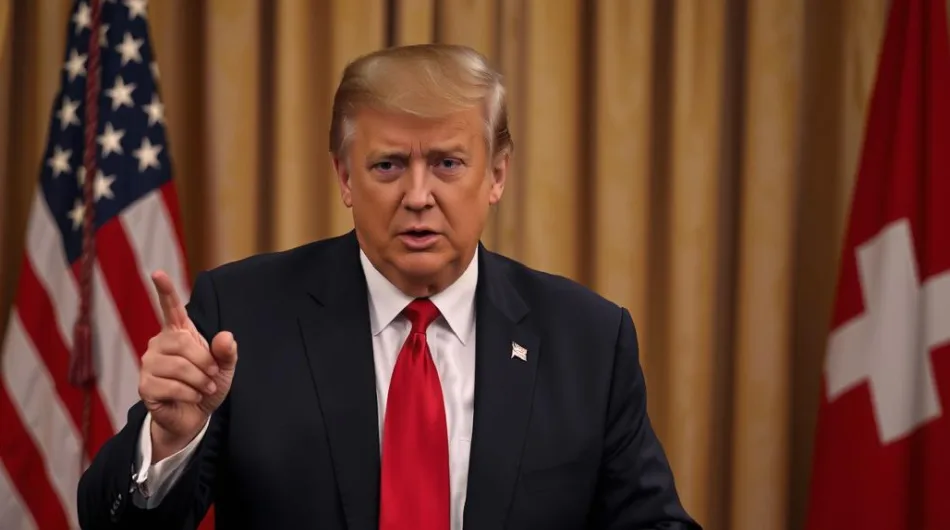 In questa immagine di intelligenza artificiale, Donald Trump è impegnato in un discorso. Dietro di lui si intravvedono le bandiere degli Stati Uniti, alla sua destra e della Svizzera, alla sua sinistra