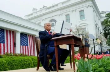 Trump mostra il decreto con cui ha applicato i dazi nel giorno della Liberazione