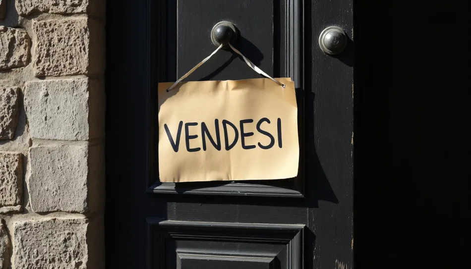 Un cartello di cartone con la scritta a pennarello "VENDESI2 è appeso con una cordicella al portone di una casa