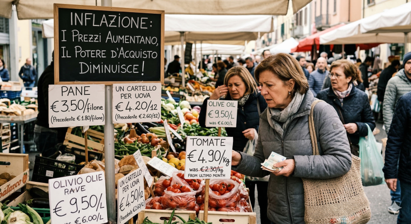 Un mercato rionale affollato di persone. In primo piano una signora effettua acquisti in una bancarella di frutta. Sono presenti diversi cartelli con i prezzi della merce. L'immagine è stata creata con l'intelligenza artificiale di Gemini