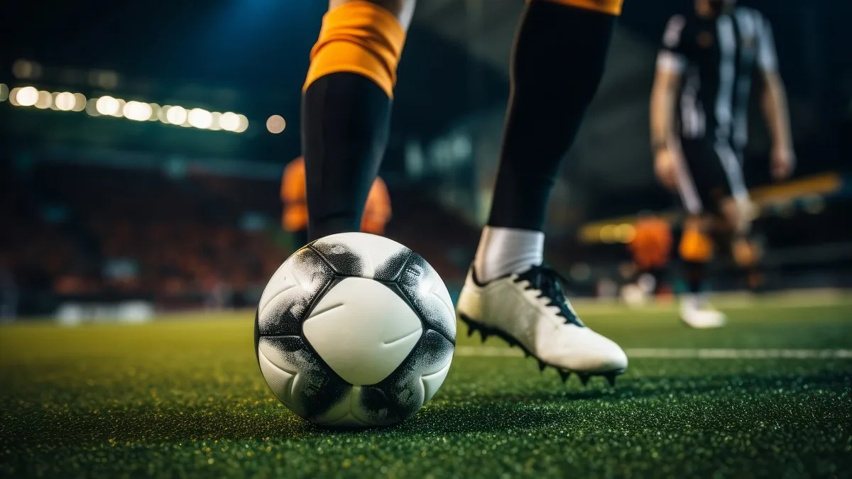 Un calciatore in campo calcia il pallone