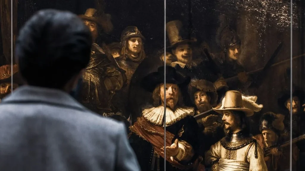 Un uomo ammira un dipinto di Rembrandt