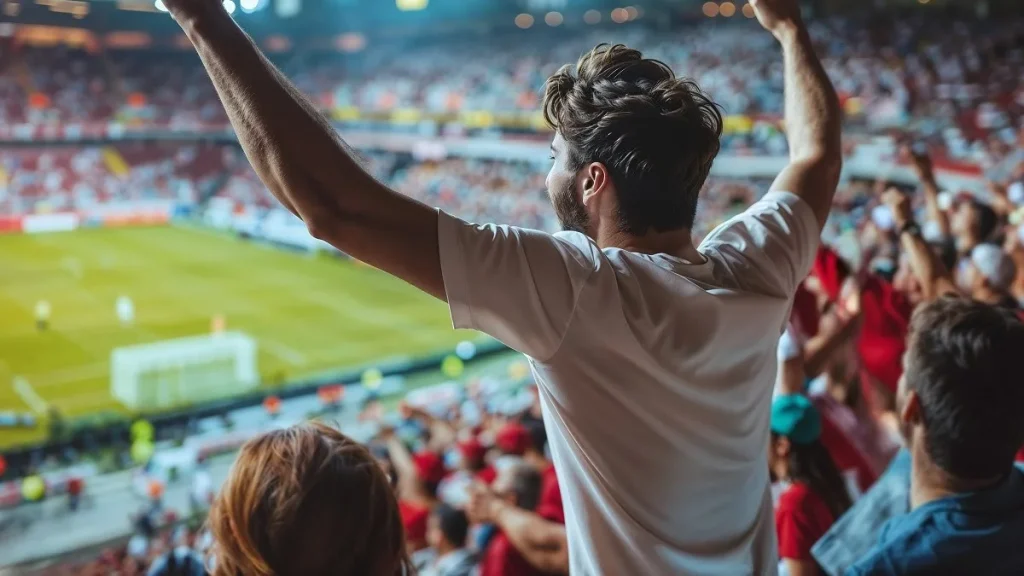 Un tifoso di calcio esulta in uno stadio pieno