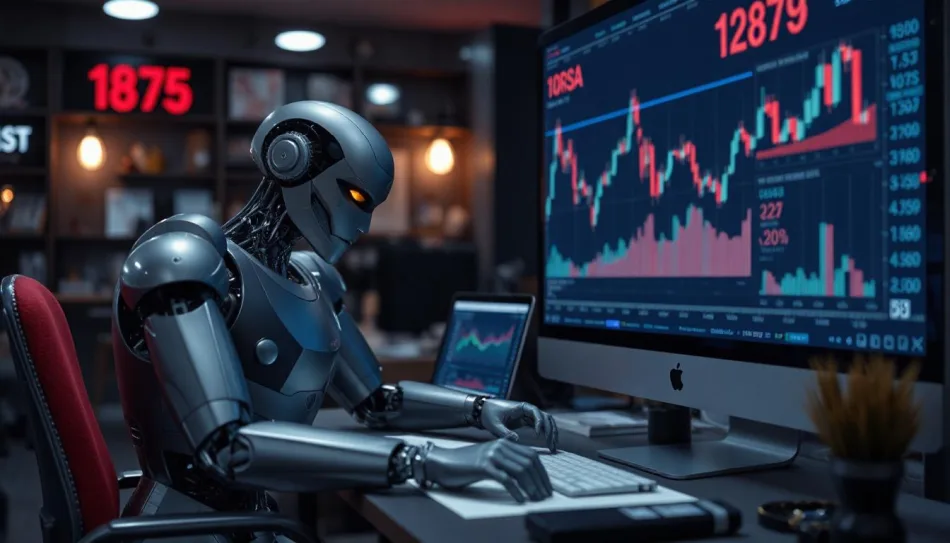 Un automa robot davanti a uno schermo che mostra l'andamento delle quotazioni di un asset class