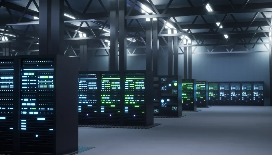 L'interno di un data center, con file di armadi contenenti i serve. I data center sono fondamentali per far funzionare l'intelligenza artificiale e richiedono elevate quantità di energia